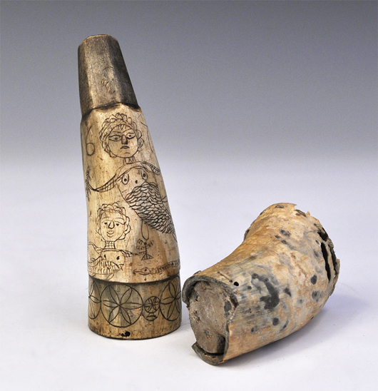 Massachusetts scrimshaw powder horn. Image courtesy TimeLine Auctions.