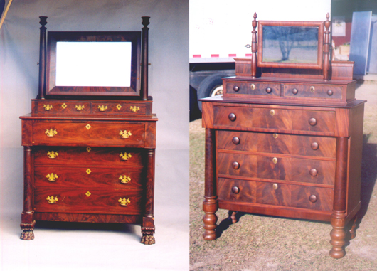 Each of these chests has a brass faux pas. Can you spot them? The chest on the left, circa 1830, has 18th-century style Chippendale pulls and William and Mary triangular escutcheons. The chest on the right from about the same time has drawer pulls that are correct for the period but has thin stamped convex brass escutcheons more appropriate for a Hepplewhite piece or a Colonial Revival reproduction. Photos courtesy of Turkey Creek Auction, Citra, Fla.   
