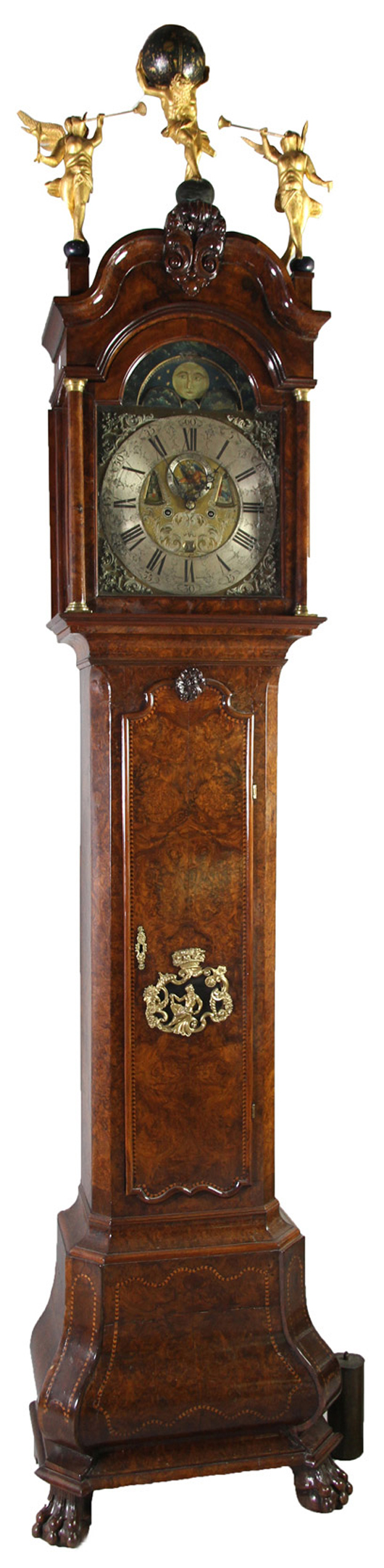 Eighteenth century Dutch tall-case clock, 8 feet high excluding finials. Estimate: $5,000-$10,000. Image courtesy Kaminski Auctions.
