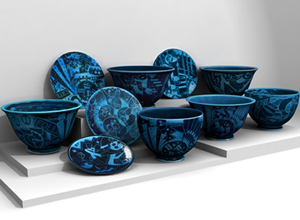 Viktor Schrekengost (1906-2008) created his iconic Art Deco pottery known as the Jazz Series in 1930-31 at Cowan Pottery, Rocky River, Ohio. Each piece was coated in Egyptian Blue crackle glaze. Image appears by kind permission of American da Vinci LLC, http://www.viktorsjazzbowl.com