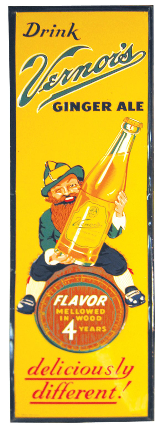 This self-framed, embossed tin sign for Vernor's Ginger Ale measures 54 1/2 inches by 18 inches. Image courtesy of LiveAuctioneers.com Archive and Rich Penn Auctions.