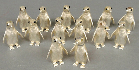 English silver, seven pairs of penguin-form salt and pepper shakers. Image courtesy of Wiederseim Associates Inc.