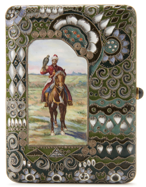 This silver-gilt Faberge cigarette case with an inscription dated 1913 sold for $120,000 in last November’s highly successful offering of Russian art at Jackson’s. The cover bears an image of the Tsar’s Falconer after a painting by Franz Rouband (1856-1928). Courtesy Jackson’s International Auctioneers.