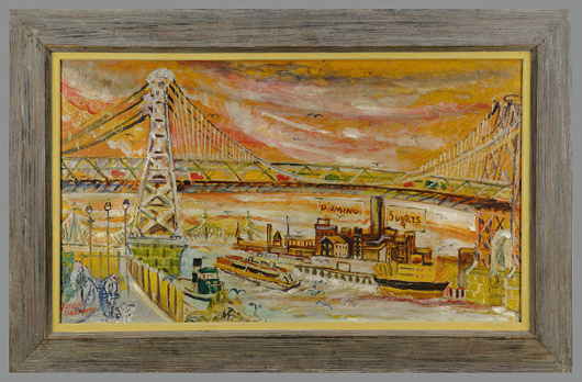 An oil on board of New York’s Williamsburg Bridge by Joseph Delaney (American, 1904-1991) crossed the block for $19,720. Image courtesy of Case Antiques Auction.