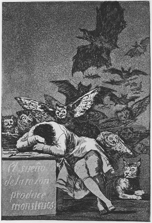 Francisco Jose de Goya (Spanish, 1746-1828) Image #43 from 'Los Caprichos,' titled 'The sleep of reason brings forth monsters.' Scanned from a lithograph in a 1925 German edition of 'Caprichos.'