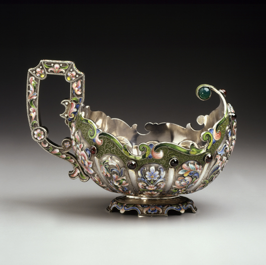 The Hillwood Museum in Washington, D.C., is filled with Russian treasures gathered by wealthy collector Marjorie Merriweather Post. Among the enamels is this magnificent kovsh made in the early 20th century by Mariia Semenova, who took over her father’s workshop in Moscow. Courtesy Hillwood Museum.