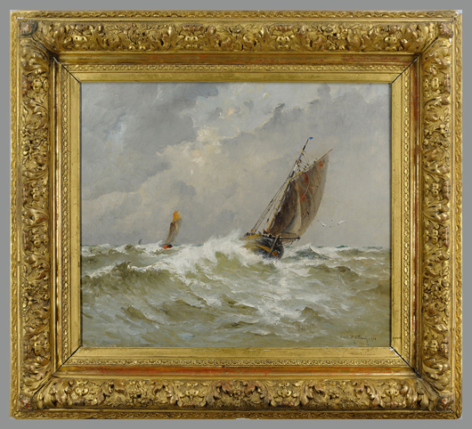 An oil on canvas seascape by French marine painter Emile Maillard (1846-1926) sold for $6,728. Image courtesy of Case Antiques Auction.