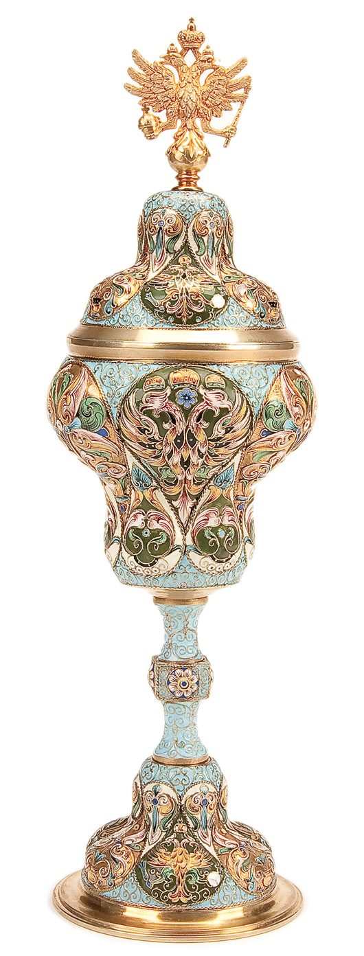 This tall gilded silver covered cup is decorated with double-headed Imperial eagles. The masterwork, bearing marks for a Moscow workshop circa 1885, brought $105,600 at Jackson’s May 2010 sale. Courtesy Jackson’s International Auctioneers.