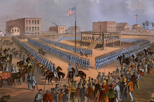 The hanging of 38 Sioux Indians in Mankato, Minn., on Dec. 26, 1862. Image courtesy of unitednativeamerica.com.