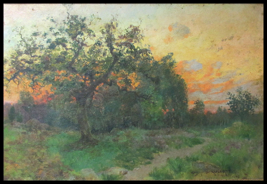Eugene Demulertt (American 1816-1915), ‘Sunset in Fontainebleau Forest.’  Estimate: $1,800-$2,500. Image courtesy of William Jenack Estate Appraisers and Auctioneers. 