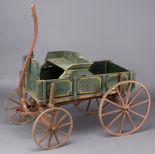 Fine “Blue Grass” child’s farm wagon with original paint, decoration and stencils. Estimate: $500-$800. Image courtesy Jeffrey S. Evans & Associates.