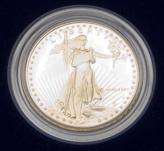 1986 American Eagle $50 gold piece, from a selection of gold and silver coins. Estimate: $800-$1,200. Image courtesy Jeffrey S. Evans & Associates.  