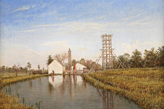 Top lot in Neal Auction Co.’s February sale was ‘Louisiana Drilling Rigs,’ a rare depiction of early technology by Richard Clague (1821-1873), which sold for $206,137.50. Image courtesy Neal Auction Co.