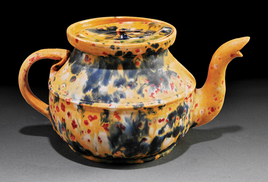 George Ohr, the ‘Mad Potter of Biloxi’ (1857-1918), was known for his eccentric forms and glazes. One of the best examples to emerge in recent years, this signed teapot brought $22,705. Image courtesy Neal Auction Co.