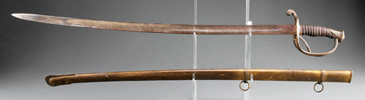 Emerging from a Baton Rouge collection, a Confederate staff officer’s sword in untouched condition soared to $42,700 (est. $8,000-$12,000) after competitive bidding. Image courtesy Neal Auction Co.