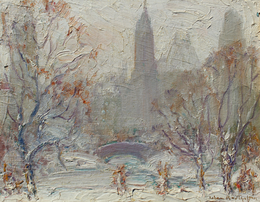 One of the two Johann Berthelsen ‘Central Park’ paintings. Estimate: $10,000-$20,000. Image courtesy Burchard Galleries.
