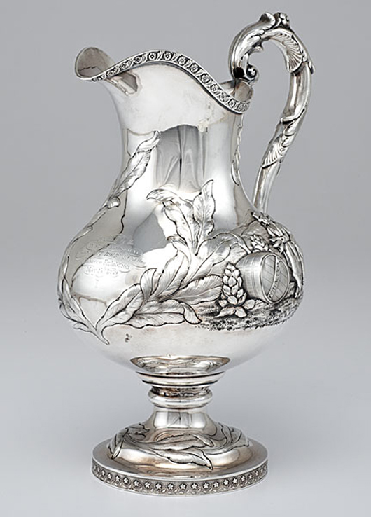 Kentucky State Agricultural Society coin silver award pitcher. Estimate $8,000-$10,000. Image courtesy Cowan's Auctions Inc. 