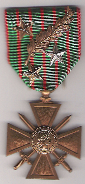 The Croix de guerre was a French military decoration awarded in World War I. This file is licensed under the Creative Commons Attribution-Share Alike 3.0 Unported license.