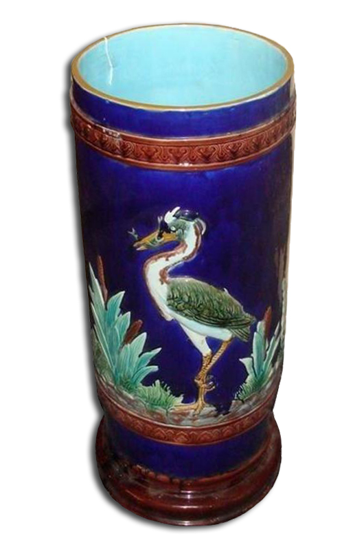 Holdcroft majolica Stork & Cattails umbrella stand, 21 1/2 inches high. Image courtesy Professional Appraisers and Liquidators. 