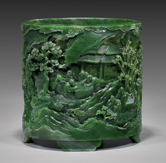 Important spinach jade brushpot, est. $40,000-$50,000. I.M. Chait image.