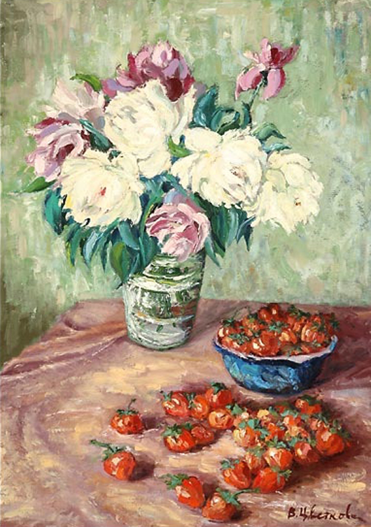Valentina Petrovno Cvetkova (Ukranian 1917-2007), ‘Floral Still Life with Strawberries,’ oil on canvas. Estimate: $5,500-$6,500. Image courtesy Michaan’s Auctions.