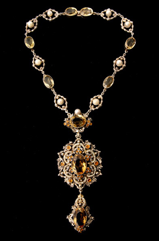 Citrine, seed pearl, cultured pearl, silver necklace. Estimate: $400-$600. Image courtesy Michaan’s Auctions.