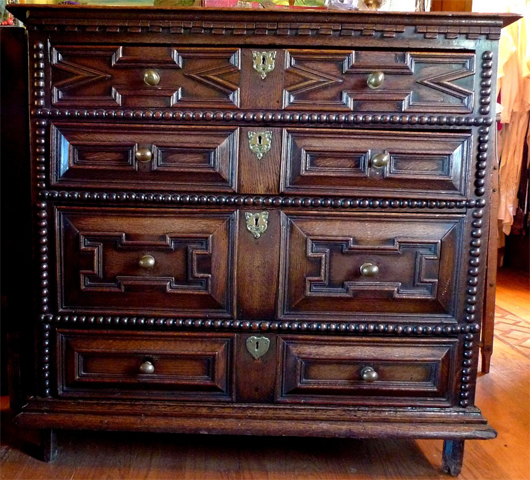 This large William & Mary chest of drawers, circa 1680, is kept in Burstyn's dressing room. Image by Susan McTigue.   