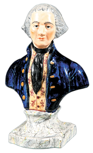 Can you recognize George Washington? This Staffordshire bust made in England in the 19th century does not look much like the oil paintings made when Washington was alive. But he was still admired years after his death, and this type of figure sold well until the 1850s. Price: $240 at a 2011 Neal Auction in New Orleans.