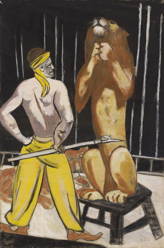 This Max Beckmann painting Löwenbängider (Zirkus), fetched 864,000 Euro ($1,145,800) at the autumn 2011 Modern Art auction at Kunsthaus Lempertz, Cologne. Their next Modern Art auction is planned for May 22. Photo courtesy Kunsthaus Lempertz.