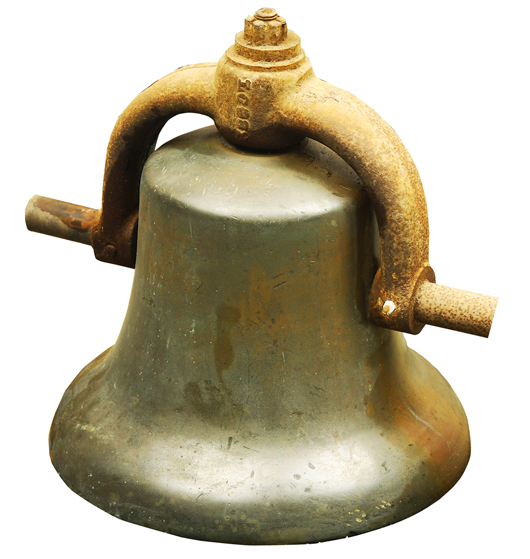 The ‘heavy metal’ section of the sale includes steam locomotive engine bells (as shown), spittoons, brass railroad locks and keys; plus an extremely rare cast-iron caboose stove. A&S image.