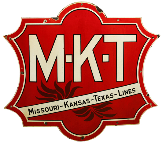 Railroad sign whose design was in use from 1890-1930 to advertise MKT (Missouri-Kansas-Texas Lines), one of a multitude of signs in Roy Gay collection. A&S image.
