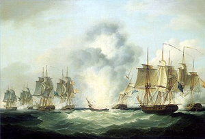 A painting by Francis Sartorius (English, 1734-1804) depicts British warships sinking the Nuestra Señora de las Mercedes off the south coast of Portugal on Oct. 5, 1804. Image courtesy of Wikimedia Commons.