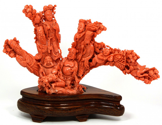 One of about a dozen Imperial quality hand-carved red coral figural groups. Estimate: $40,000-$60,000 each. Image courtesy Elite Decorative Arts.
