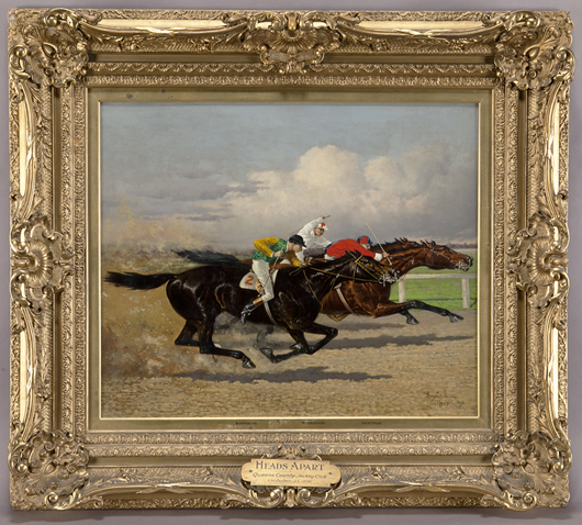 Henry Stull (American, 1851-1913), ‘Heads Apart,’ oil painting on canvas depicting a race at Queens County Jockey Club in 1898. Estimate: $25,000-$35,000. Image courtesy Dallas Auction Gallery.