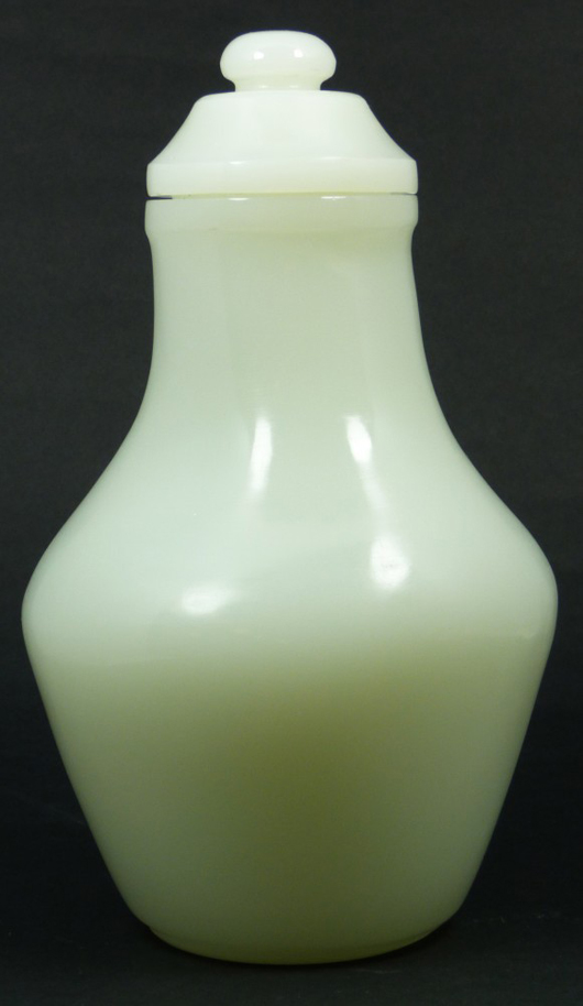 Imperial milky white jade vase covered urn or vase with breathtaking translucence. Estimate: $40,000-$60,000. Image courtesy Elite Decorative Arts.