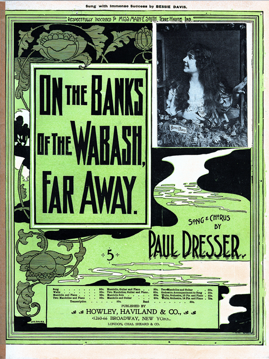 The sheet music cover of 'On the Banks of the Wabash, Far Away,' words and music by Paul Dresser. Image courtesy Wikimedia Commons.