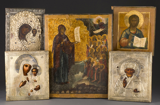 Selection of Russian icons. Quinn’s Auction Galleries image.