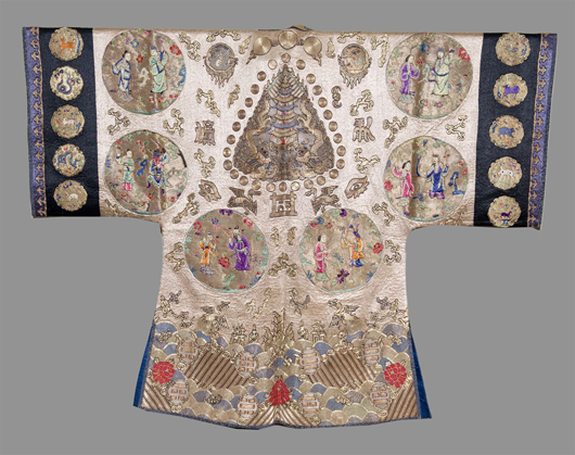 Chinese silk and brocade robe with elaborate embroidery, probably late Qing Dynasty, est. $2,000-$3,000. Quinn’s Auction Galleries image.   