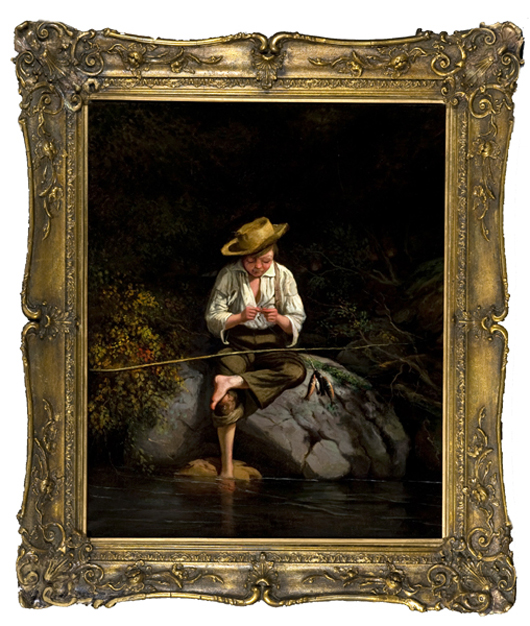 American mid-19th-century painting of boy fishing, est. $1,000-$2,000. Quinn’s Auction Galleries image.   