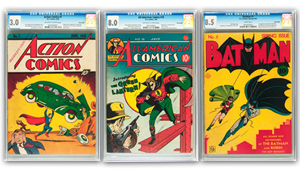 Action Comics no. 1: $298,750; All-American Comics no. 16 (debut of the Green Lantern): $203,150; Batman no. 1: $274,850. Image courtesy Heritage Auctions.