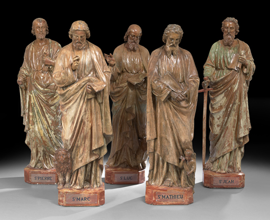 Suite of five French polychrome terra-cotta figures of St. Peter and the Four Evangelists, 19th century.Image courtesy New Orleans Auction Galleries Inc.