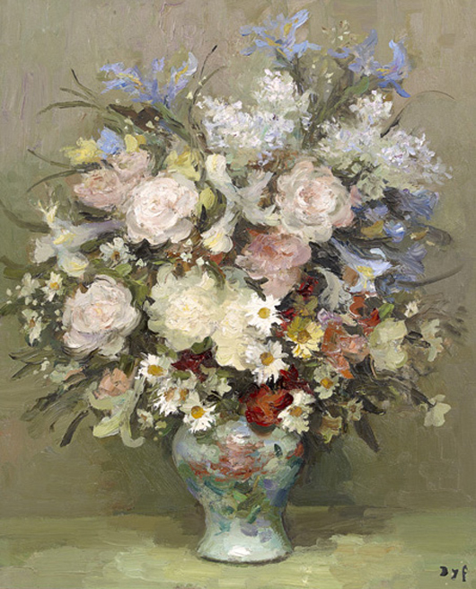 Marcel Dyf (French, 1899-1985) 'Fleur au Pot Chinois,' oil on canvas, signed lower right 'Dyf,' label on the stretcher verso printed with the artist's name, title and inventory number of work, 28 3/4 x 23 3/4 inches. Image courtesy New Orleans Auction Galleries Inc.