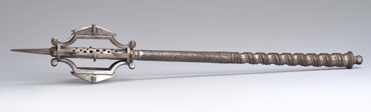Circa-16th-century mace constructed entirely of hand-forged steel, $16,800. Morphy Auctions image.