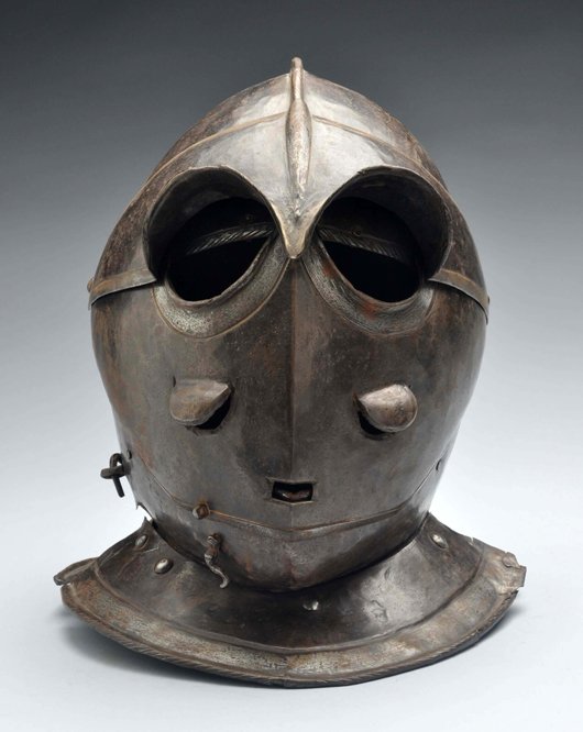 Circa-1630 Italian or German Savoyard-style helmet with two-piece skull, low comb and two-piece visor. Estimate $4,000-$8,000. Morphy Auctions image.   