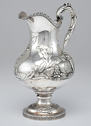 New York silversmith William Adams created this coin silver pitcher for the Kentucky State Agricultural Society in 1859. It sold at Cowan's for $41,125. Image courtesy Cowan's Auctions Inc.