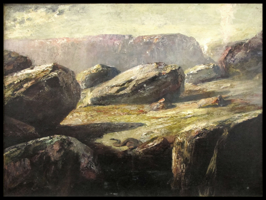 Douglas Arthur Teed (American 1864-1929) oil on canvas, rocky landscape with snake. Image courtesy William Jenack Estate Appraisers and Auctioneers.