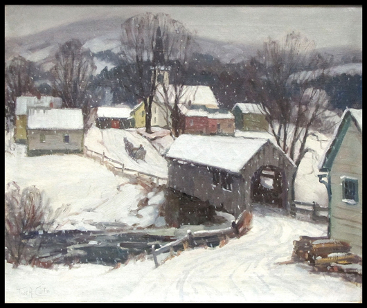 Thomas R. Curtin (American, Vermont 1899-1977) oil on canvas, winter village scene. Image courtesy William Jenack Estate Appraisers and Auctioneers.