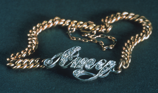 One of the wealthy passengers from Titanic’s first-class may have left this 26-gem bracelet behind. The 15-karat rose gold and 'pure' silver name bracelet has ‘AMY’ in script and is set with small round diamonds. Image courtesy RMS Titanic, Inc., a subsidiary of Premier Exhibitions, Inc.