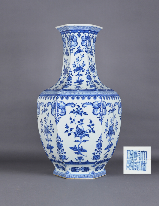 Qing Period hexagonal vase, six-character Qianlong mark, 28 inches high (70 cm). Estimate: $40,000-60,000. Image courtesy 888 Auctions.