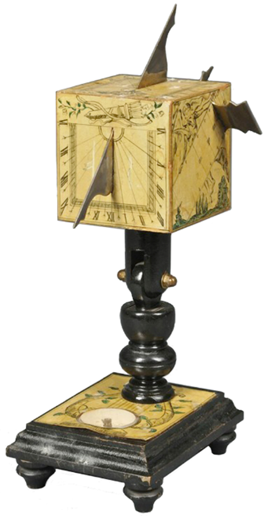 This unfamiliar object is a Beringer-type sundial made in Germany. It sold for $350 at a Skinner auction in Boston. Notice the dials on the sides and the top. Photo courtesy of Skinner Inc.